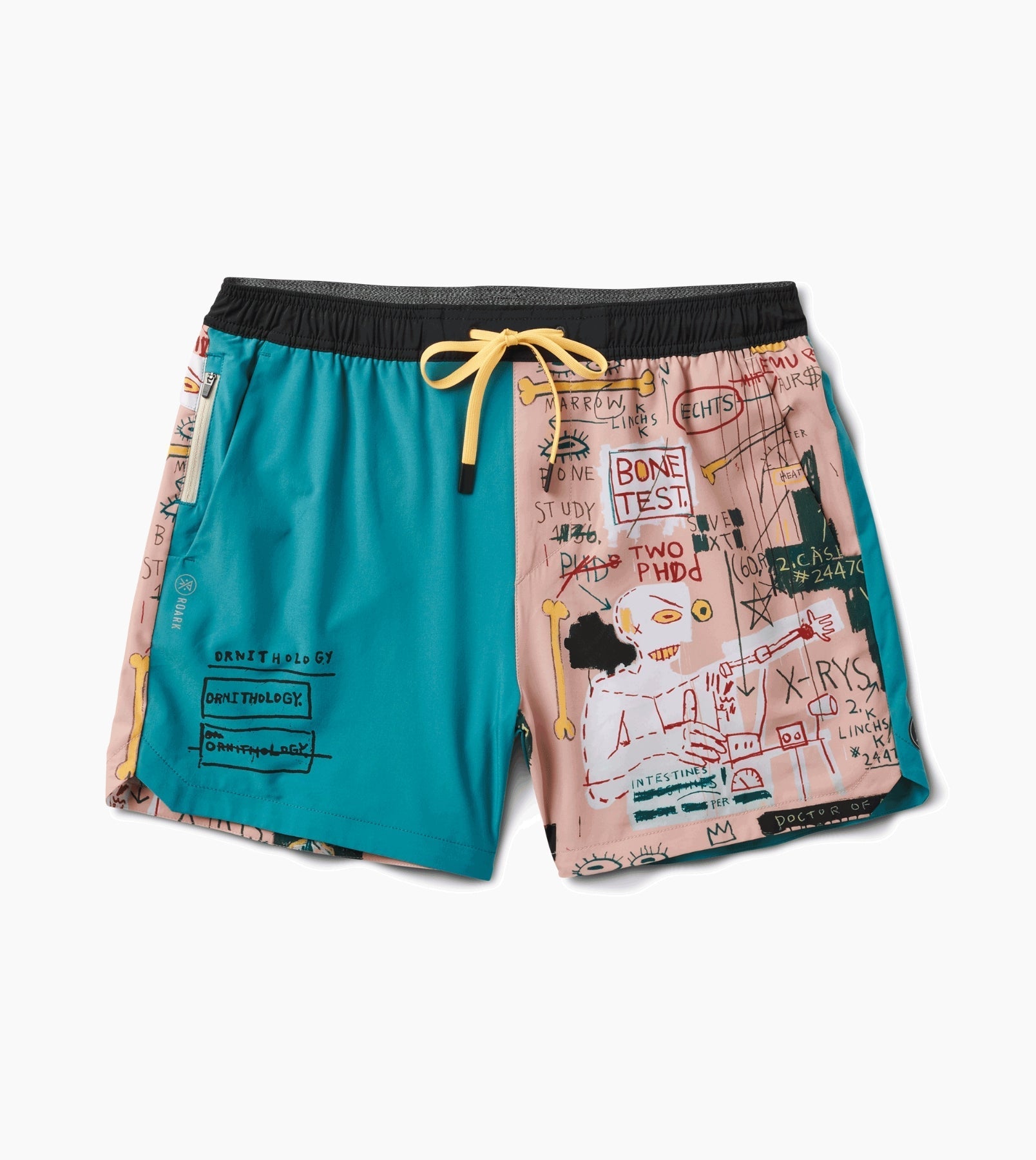 Serrano Shorts 5" with Basquiat art, eco-friendly recycled fabric, and water-resistant finish.