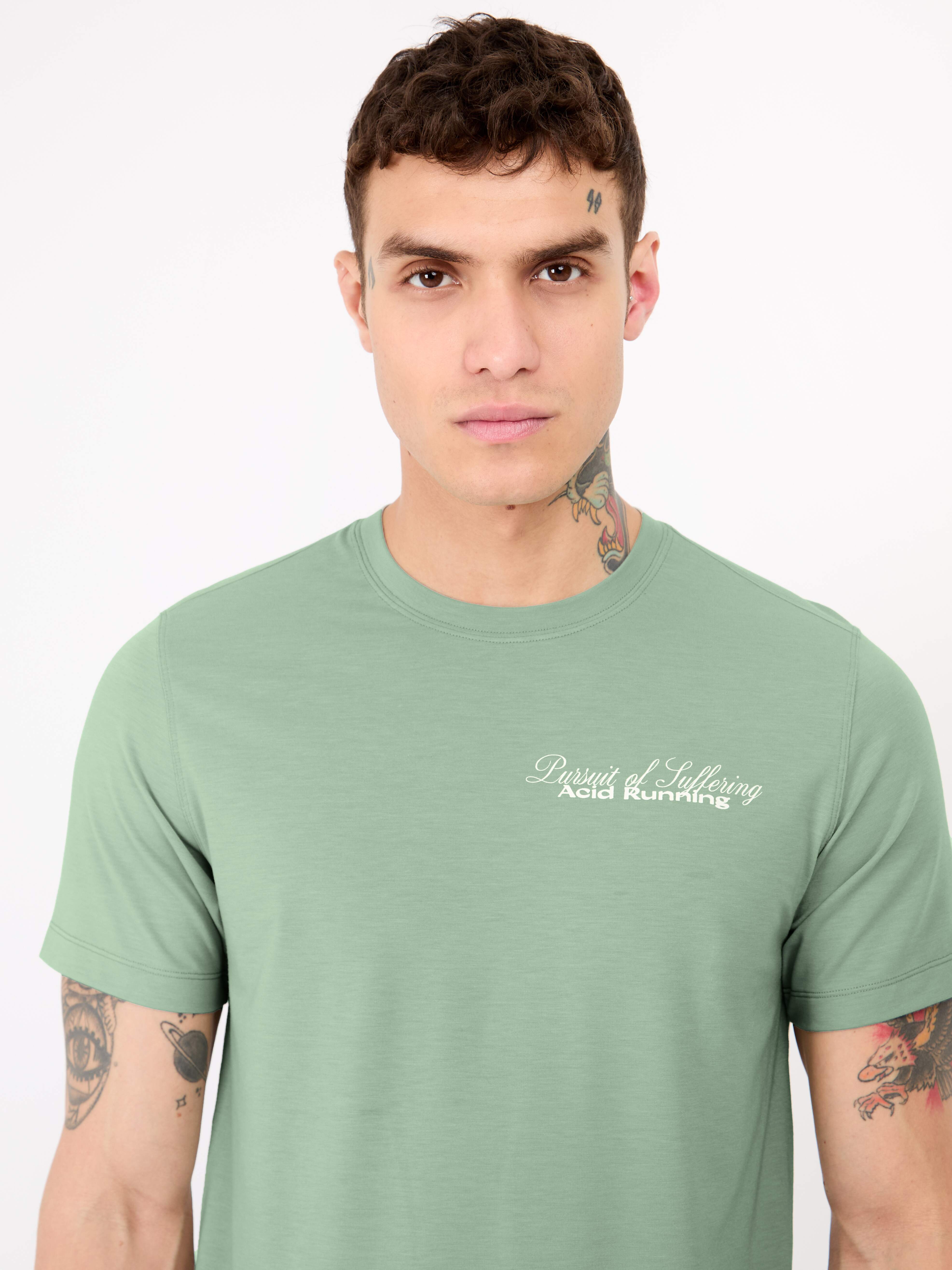 Runner's Fate T-Shirt in Iced Green, lightweight, sweat-wicking, ethically made.