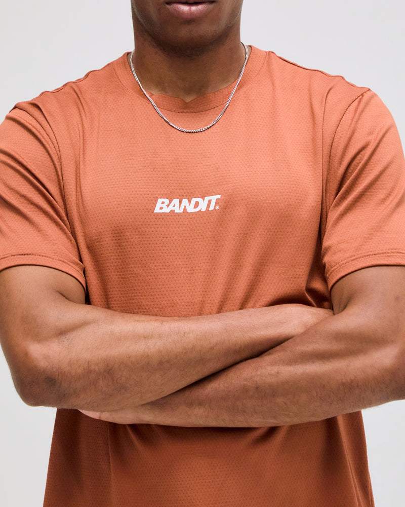 Men's rust-colored Micromesh™ Run Tee with breathable, fast-drying fabric ideal for running.