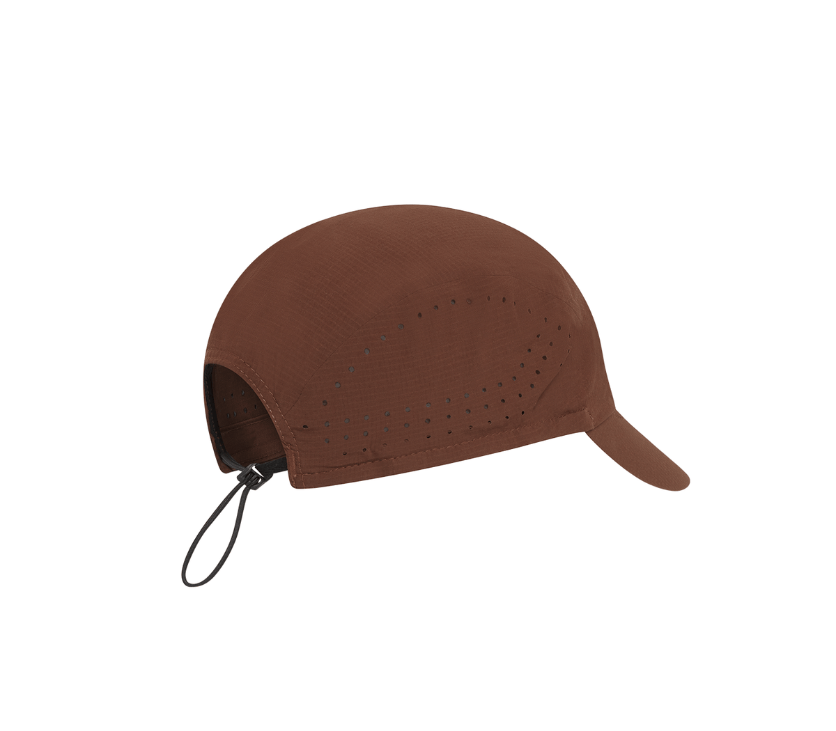 Run Cap in brown lightweight polyester featuring laser-cut ventilation holes and an adjustable rear elastic drawcord for secure fit.