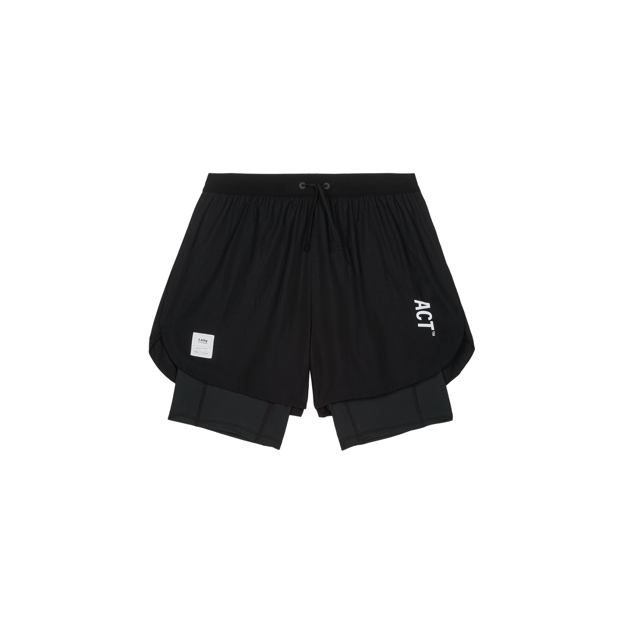 Black BioRip 2 in 1 running shorts with integrated inner layer, ripstop material, zipped back pocket, and eco-friendly nylon.
