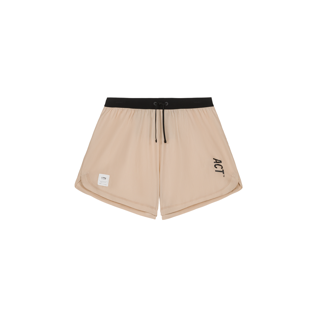 Beige BioRip running shorts with black waistband, featuring tear-proof and water-repellent plant-based nylon.