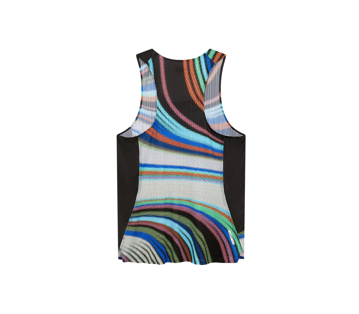 Men's sleeveless race vest with multi-coloured swirl stripe pattern and black mesh side panels, Race Vest 2.0 design.