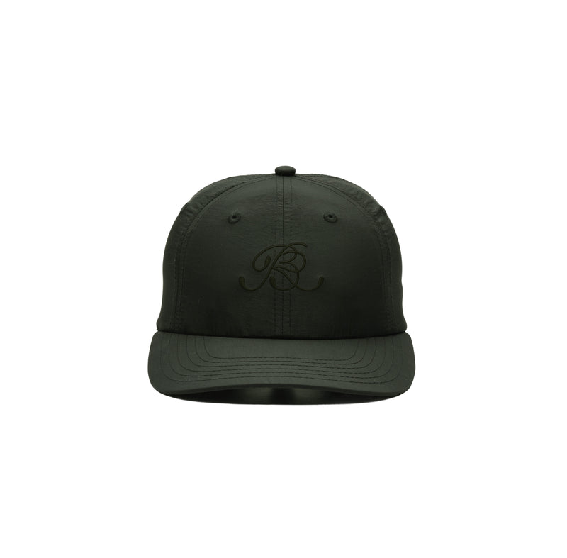 Dark fatigue nylon dad hat with cursive "BR" embroidery, featuring adjustable back closure and internal mesh sweatband.