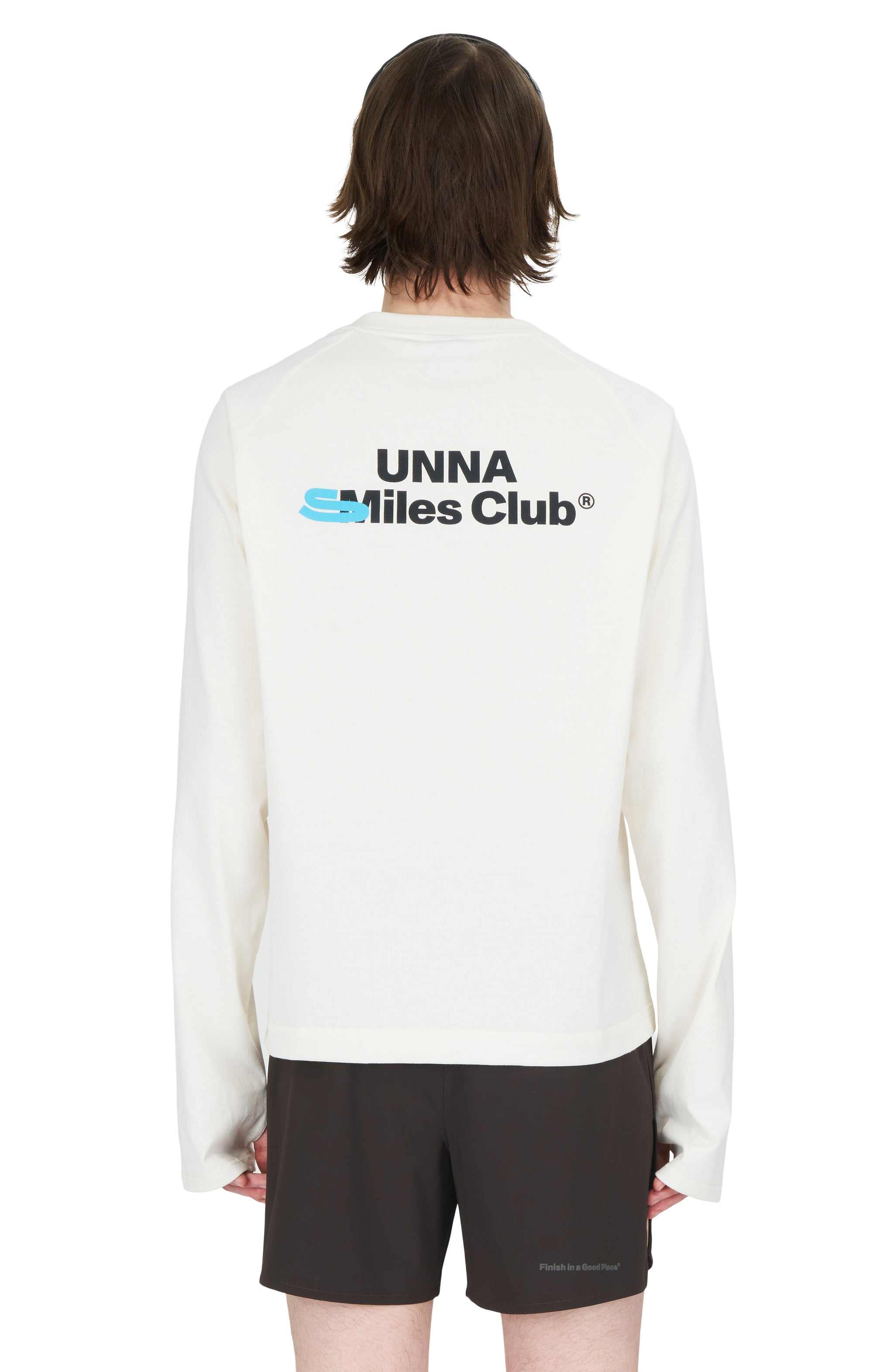 Men's Smiles Club Tee LS, vanilla white, long sleeve, organic cotton blend, Unna logo, UNNA Smiles Club print, thumb holes.
