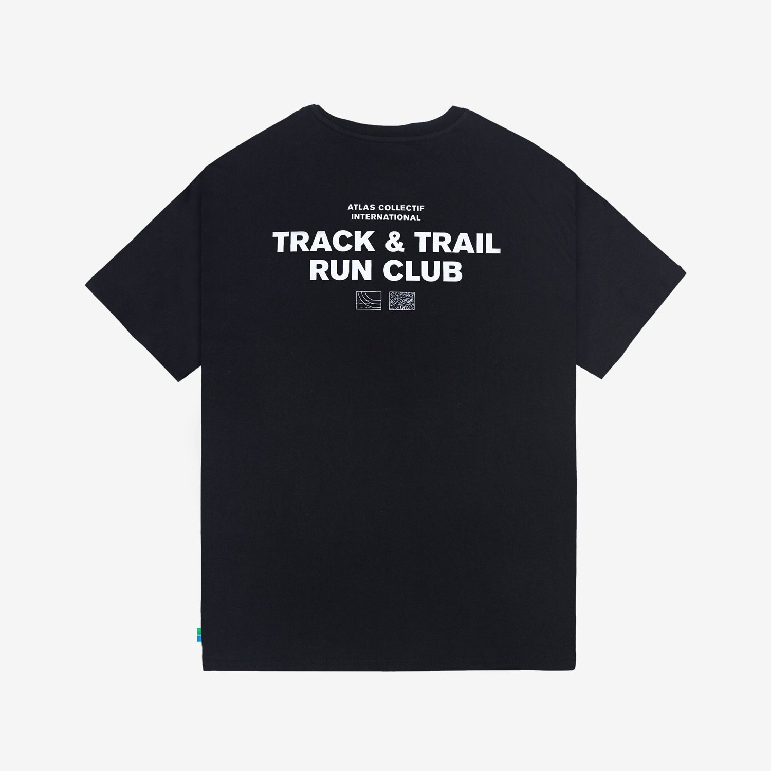 Black Track & Trail Organic Cotton Tee with white "Track & Trail Run Club" text on the back.