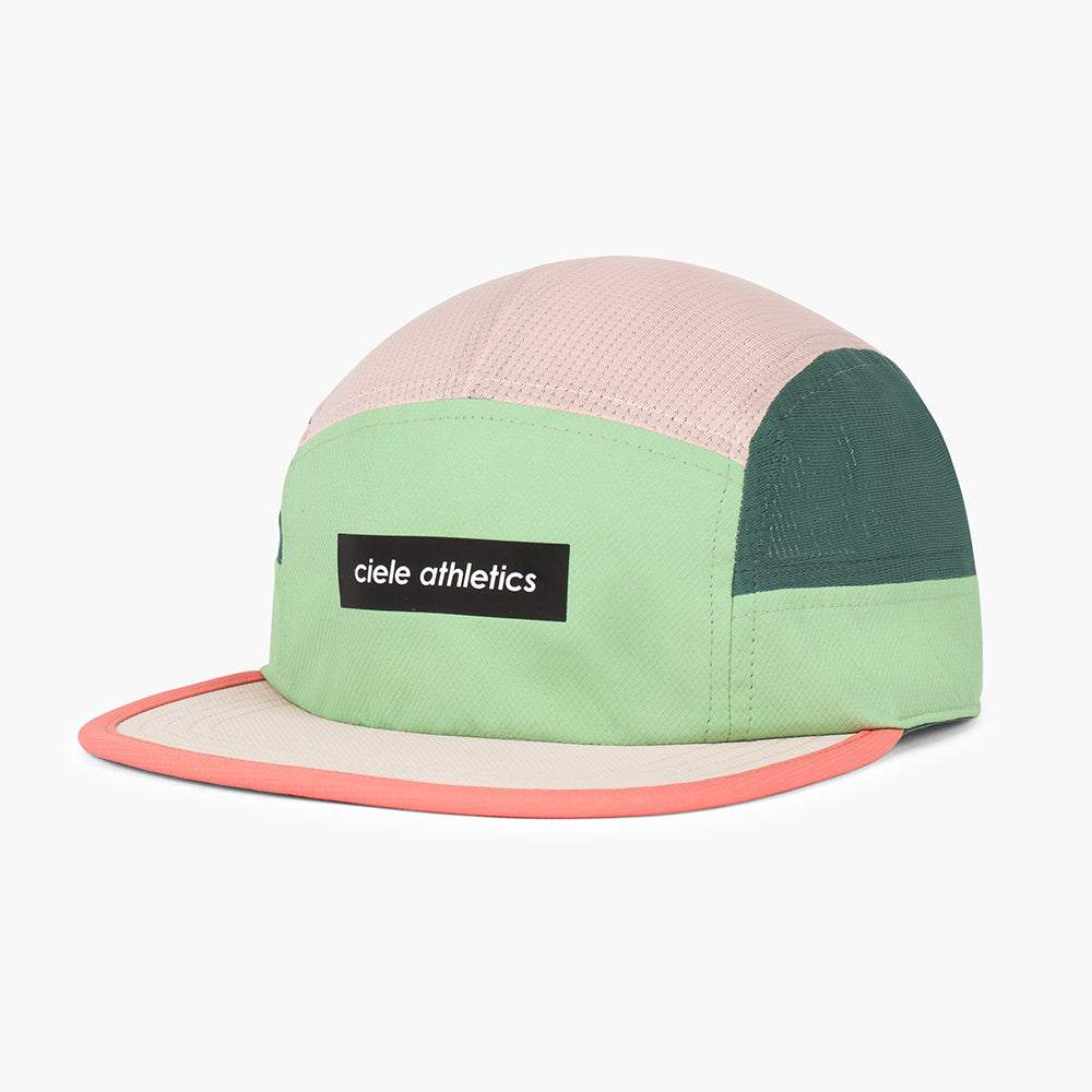 GOCap Field running cap in pistachio and silver pine with soft flat brim and reflective iconic bar logo