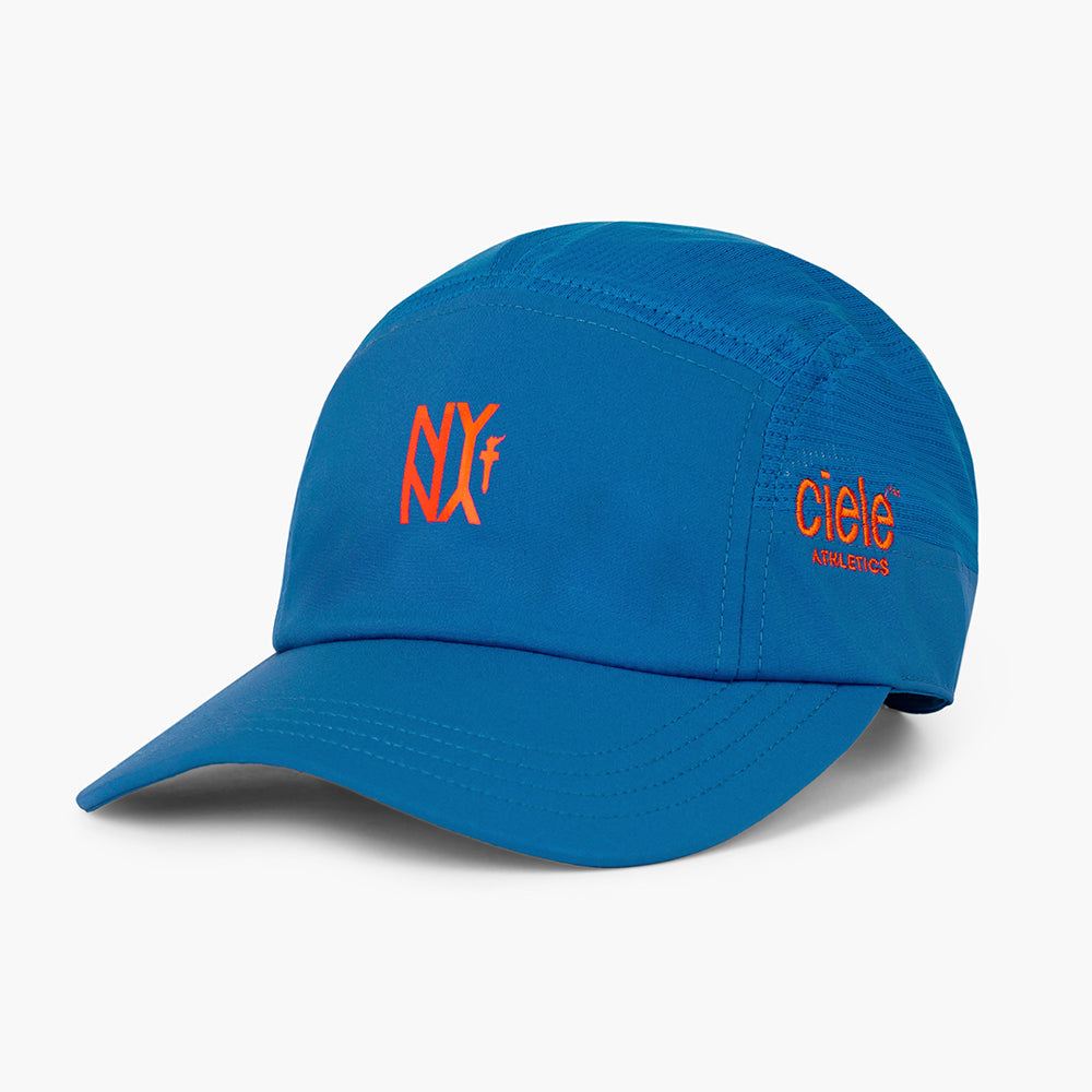 Blue GOCap SC running cap with orange New York and Ciele Athletics logos, lightweight FLEXweave fabric, breathable mesh panels, reflective details, and adjustable closure.