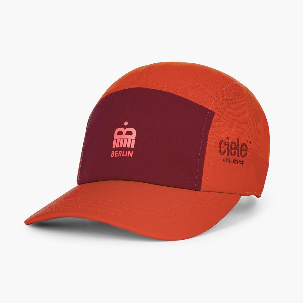 orange and maroon GOCap SC Comp running cap with Berlin logo and Ciele Athletics branding