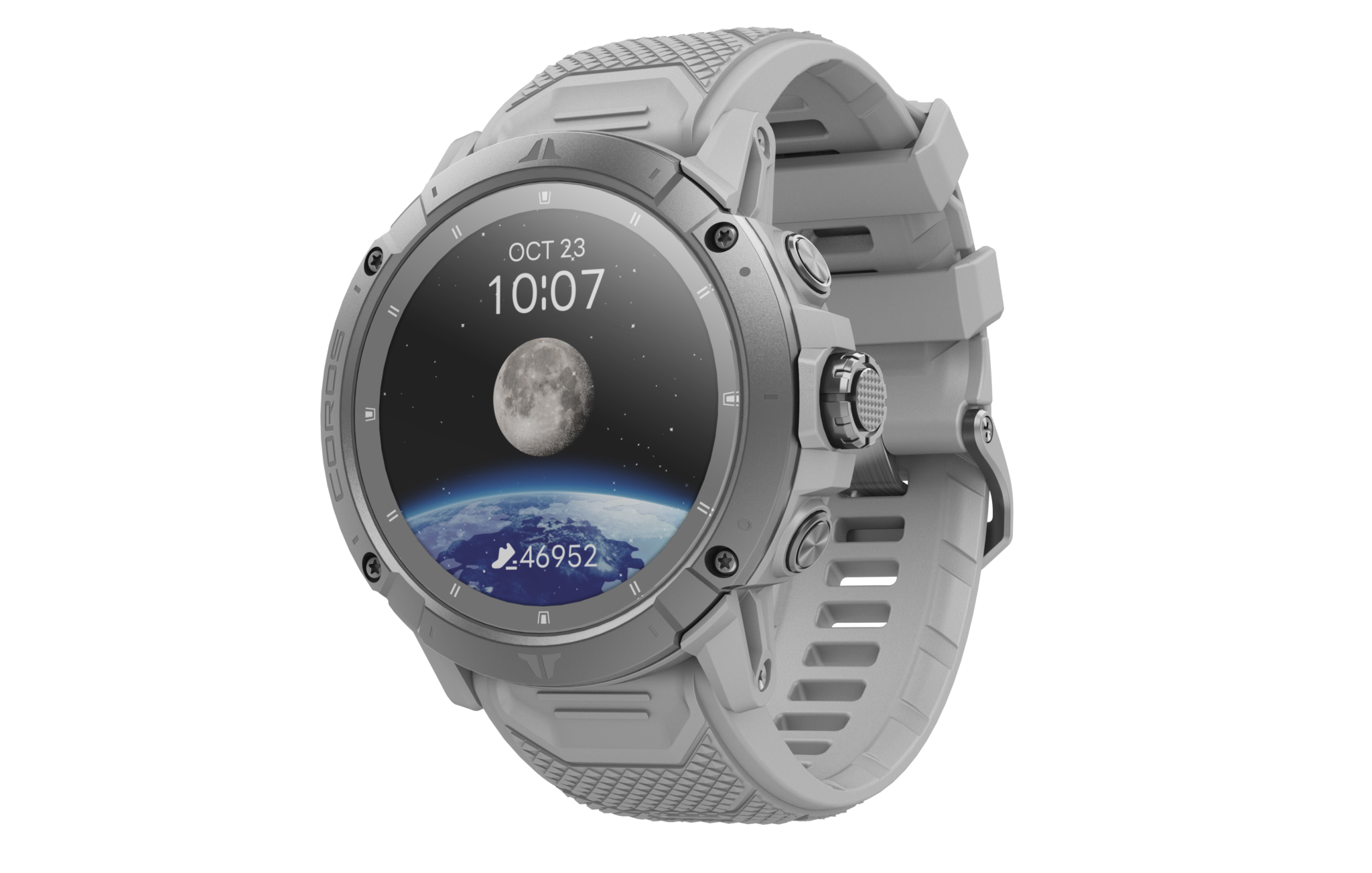 COROS VERTIX 2S GPS multisport watch with sapphire crystal display and gray nylon strap showing moon and earth on screen