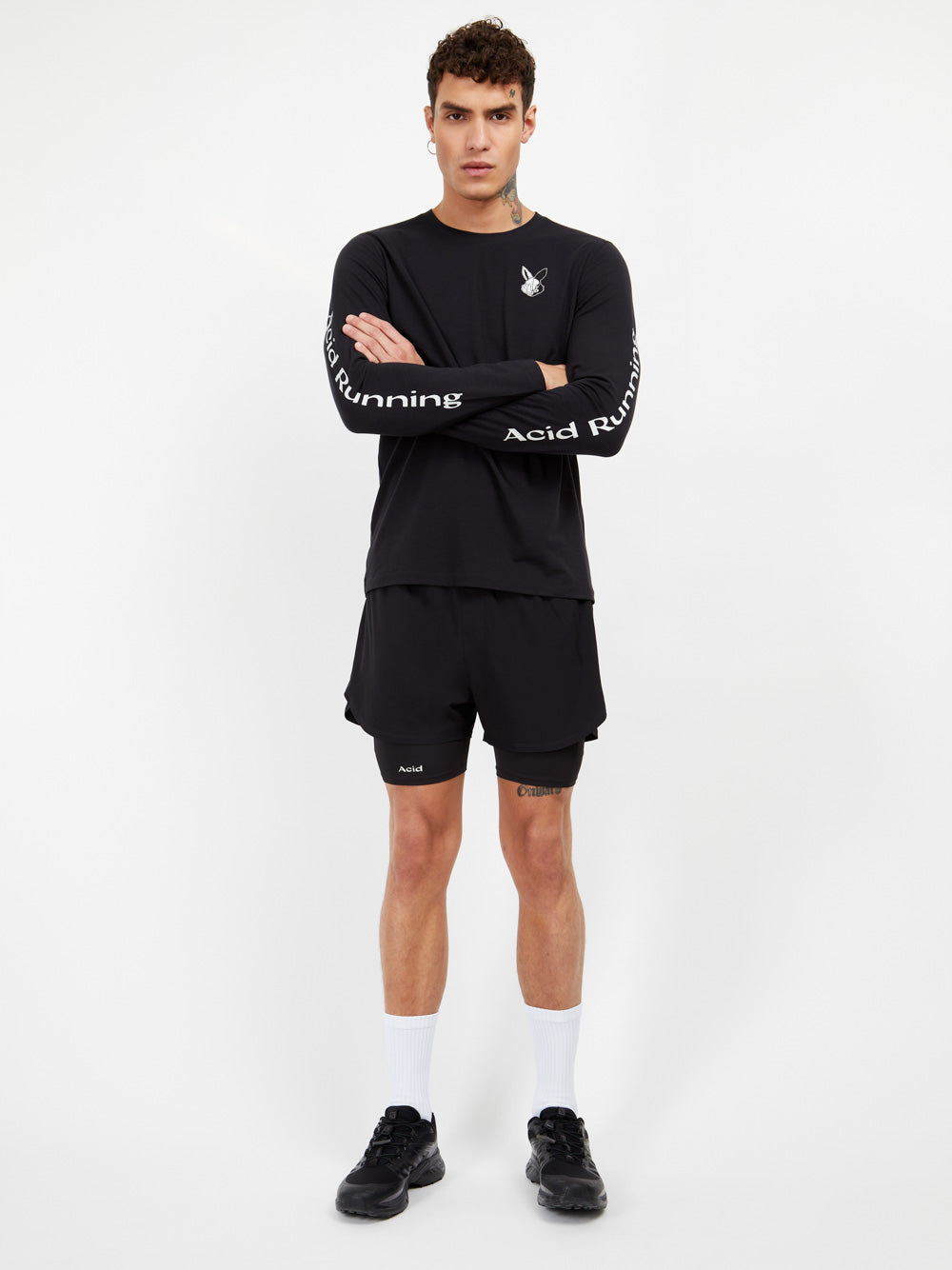 Black long sleeve t-shirt with white prints, ultra lightweight and sustainable fabric.