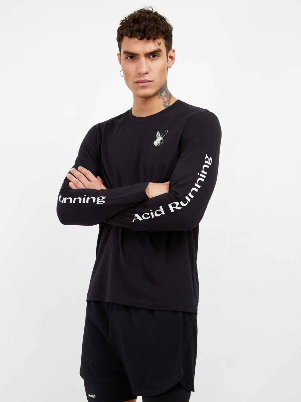 Long sleeve black t-shirt with white prints, featuring advanced sweat-wicking and odor-resistant fabric.
