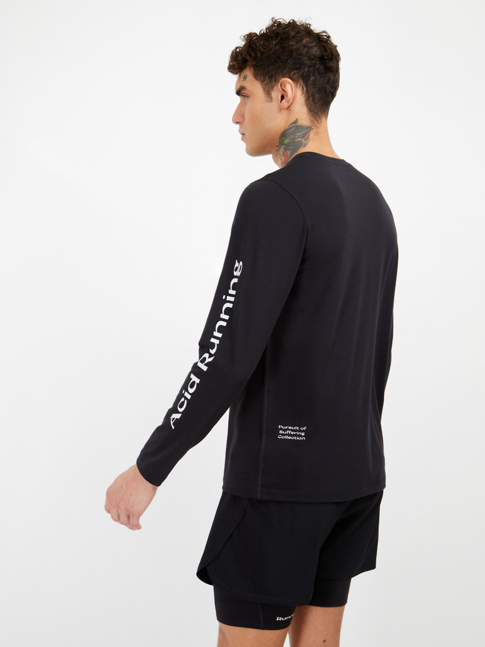 Long sleeve black t-shirt with white prints, made from lightweight, sweat-wicking, and odour-resistant fabrics.