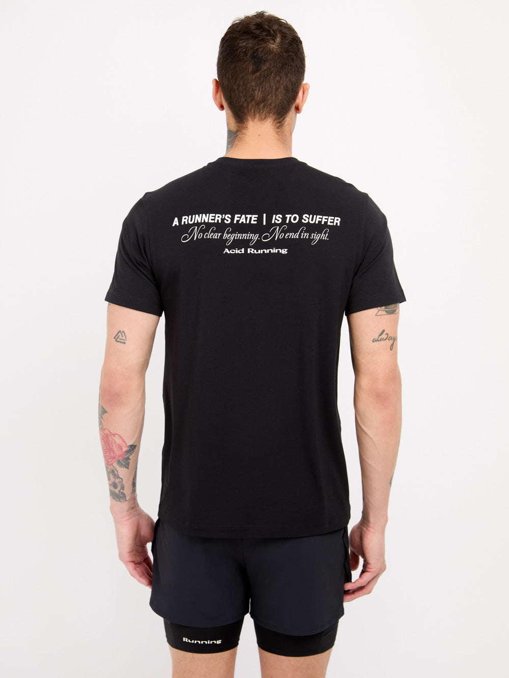 Runner's Fate T-Shirt in black with quote on the back, made from lightweight, sweat-wicking fabric.