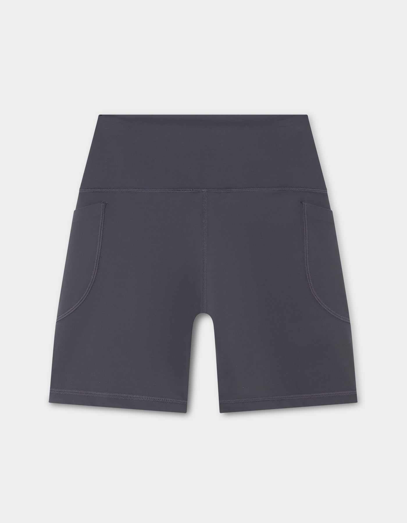 Women's Performance Shorts in deep slate-blue with a high-waisted fit, side slip pockets, and smooth, stretch fabric
