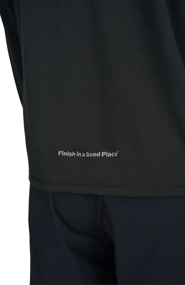 Men's black long sleeve running wool layer with half-zip and high collar.
