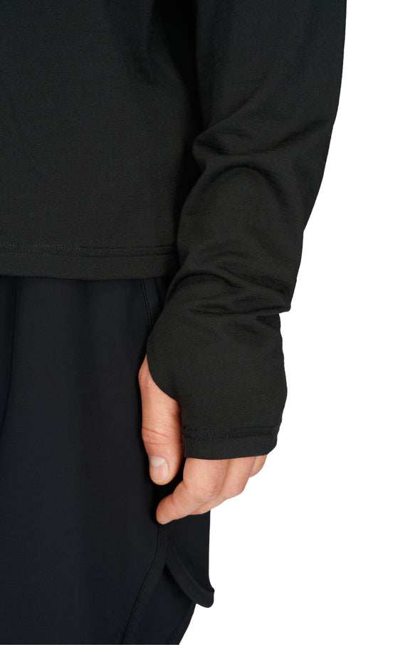 Men's long sleeve running wool layer in black with thumbholes for extra coverage.