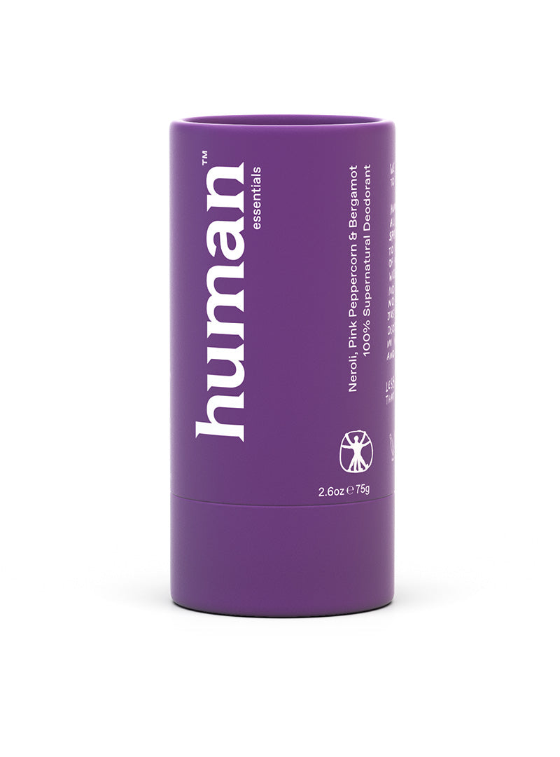 Human Essentials Neroli, Pink Peppercorn, Bergamot Deodorant in purple packaging.