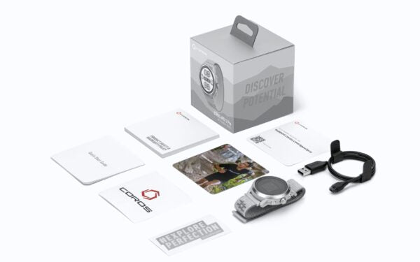 COROS APEX 2 - CORAL GPS Outdoor Watch with packaging and accessories, showcasing heart rate sensor and satellite connectivity features.