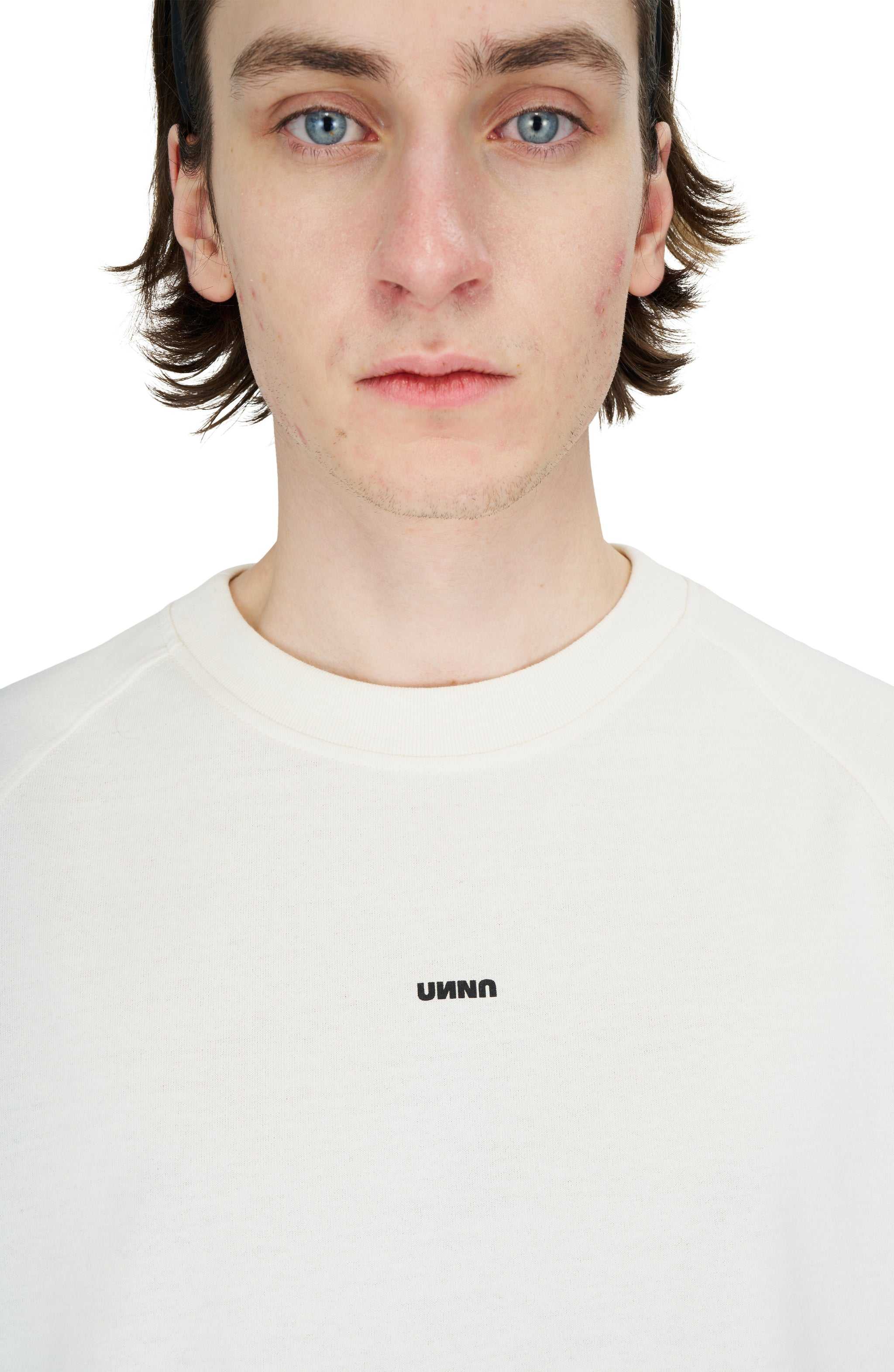 Men's Smiles Club Tee LS in Vanilla White with Unna logo, organic cotton and recycled polyester blend.