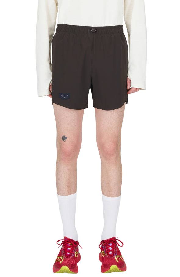 Men's Java Brown running shorts with side vents and hidden pockets.