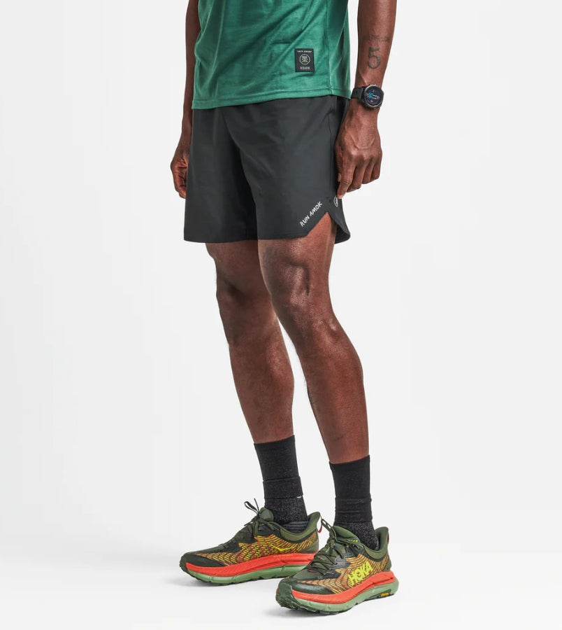 Baja Shorts 7" with elastic waistband, waterproof pockets, and lightweight brief liner, ideal for running.