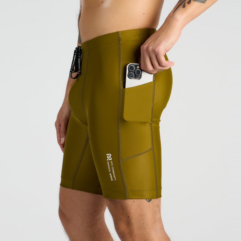 Men's Gen 7 Pocket Half Tights with phone pocket, olive green.