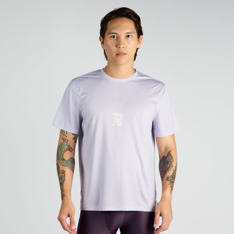 Drift™ "Chaos Triple Front" Performance Tee in lilac with side slit detail and classic crew neckline.