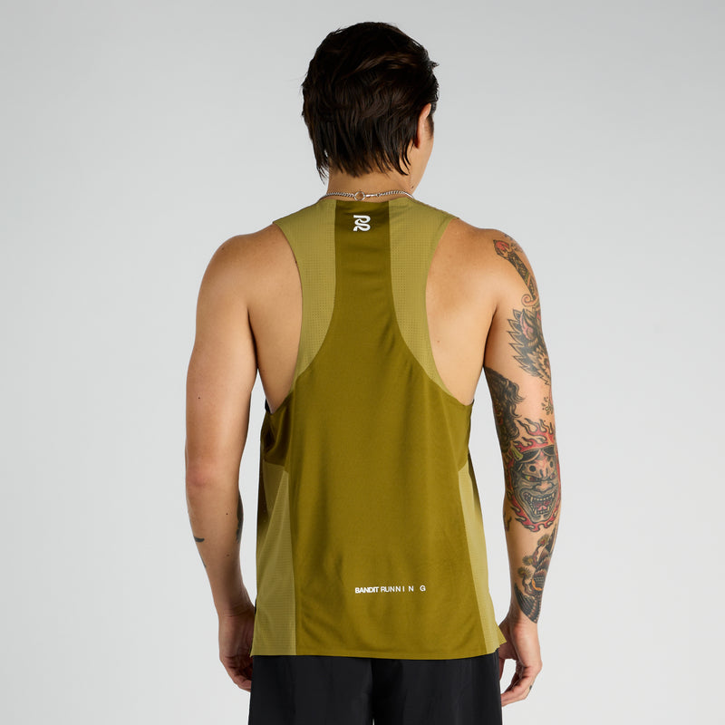 Vento™ Performance Singlet Pieced in olive green, featuring high neck drop, wider racerback, and reflective details for enhanced performance and comfort.
