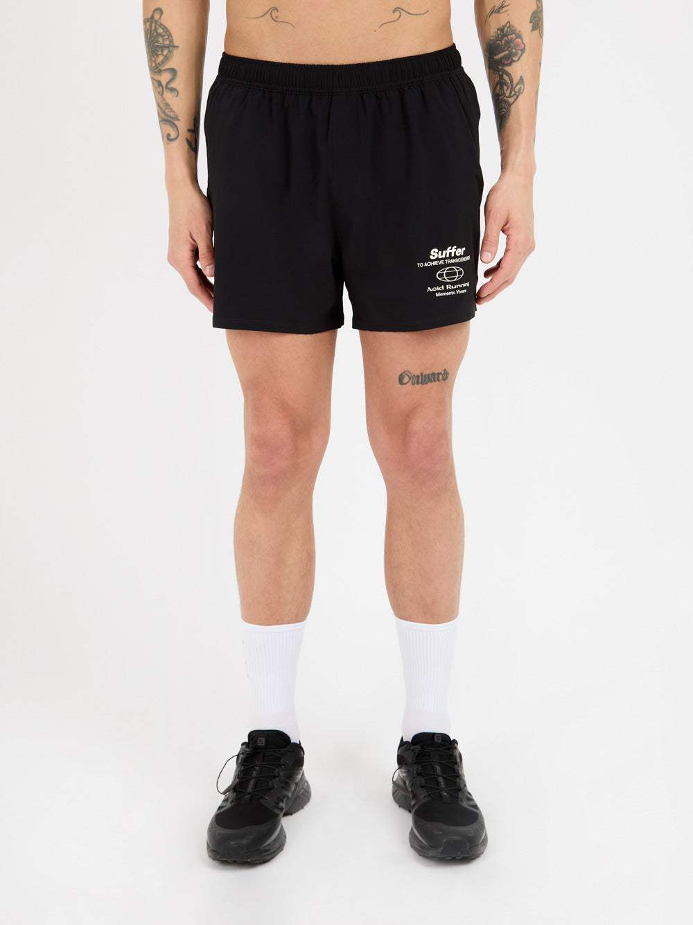 Black Worth It Hybrid Shorts 2.0 featuring white graphics, ultra-lightweight fabric, moisture-wicking liner, and zip pockets.